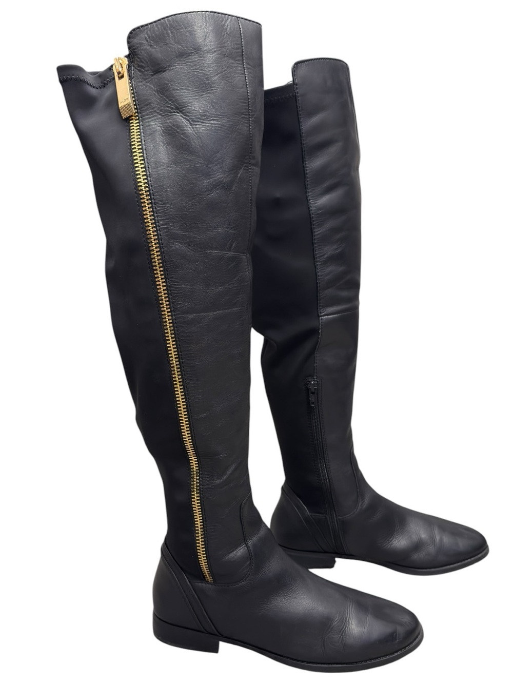 ALDO AAHLIYAH Knee High Riding Boots Equestrian Black Almond Toe Gold Zip